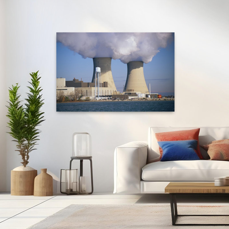Nucléaire, plante, paysage industriel abstrait, art mural, H 32 po x l 48 po