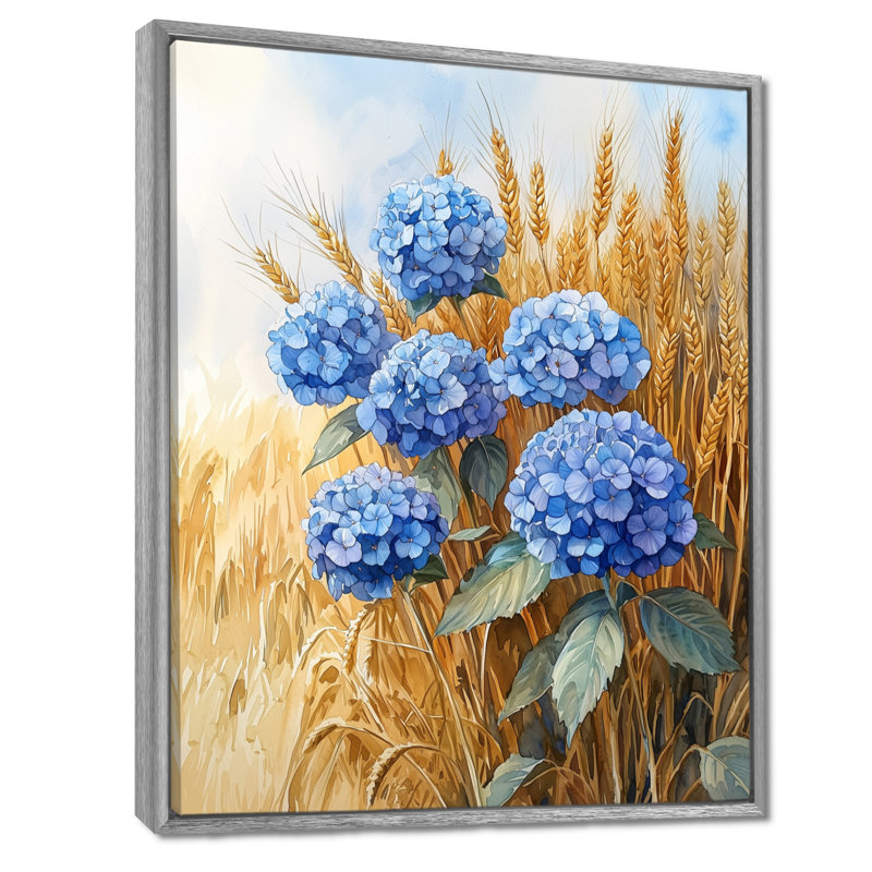 "Hortensias de campagne dans le champ de blé" IV - Hydrangea, art mural encadré, H 40 po x l 30 po, Argent argent