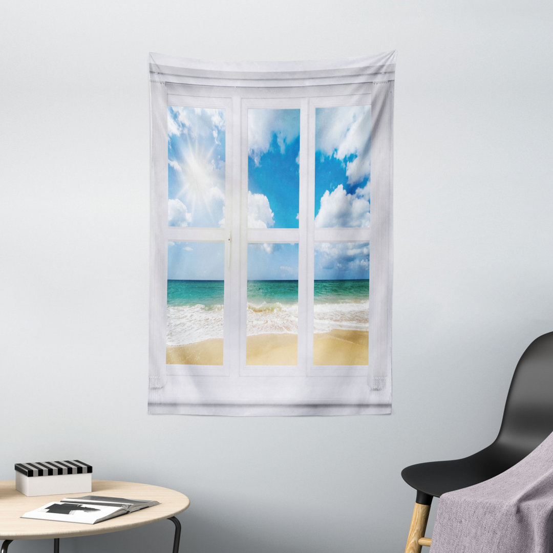 Tapisserie Beach House Fenster mit Blick auf den Ozean Sonnenschein und sandige Wolkenlandschaft