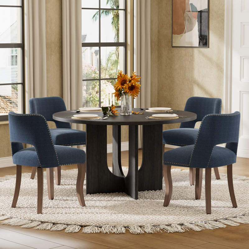 Ensemble de salle à manger de style campagnard 5 pièces, table antique noire avec 4 chaises en tissu pour la cuisine et la salle à manger