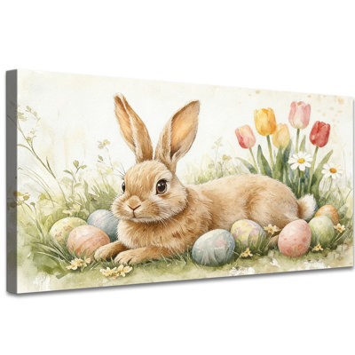 Lapin de Pâques, reproduction d'art sur toile, lapin avec œufs colorés et fleurs printanières, décoration murale chrétienne