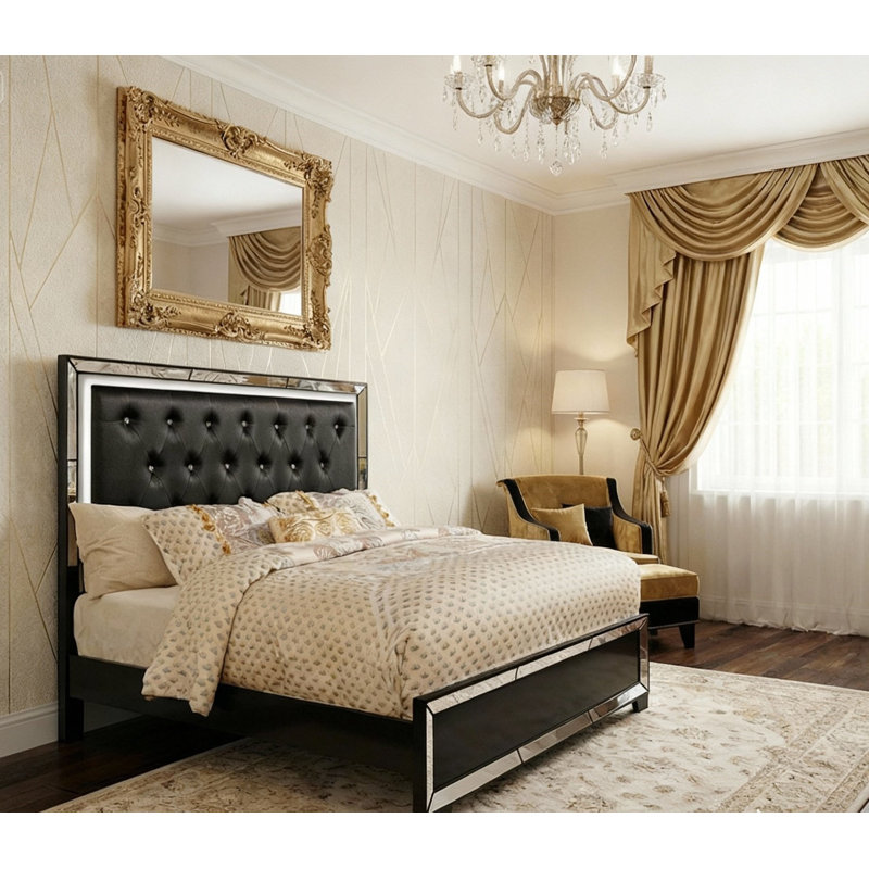 Fazeley Queen Tufted Bed with Lighted Headboard, Black