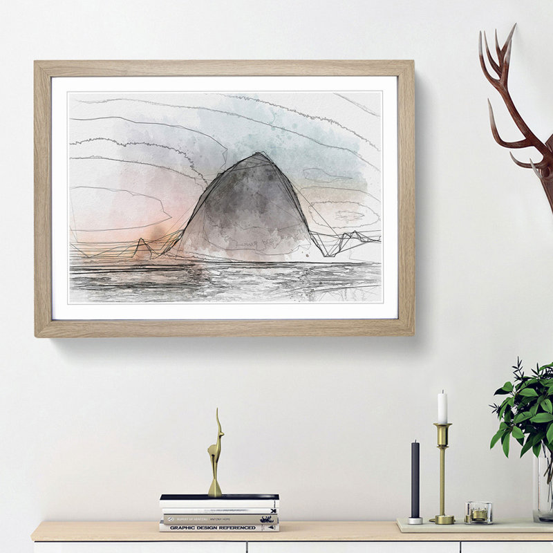 Birds Flying over the Beach in Abstract - Picture Frame Graphic Art Print, Oak Framed, 27cm H x 36cm W x 2cm D