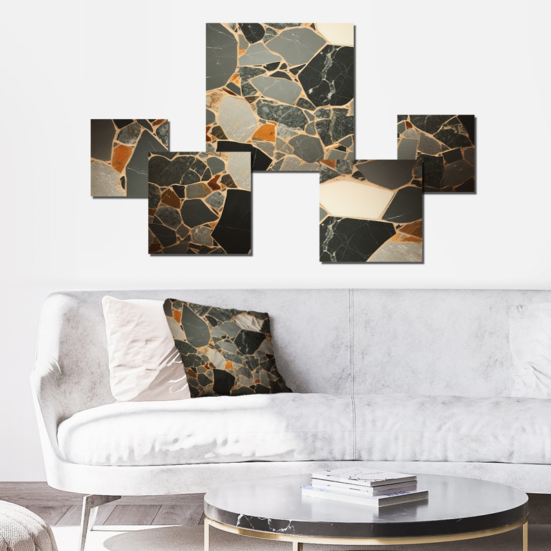 «Gray Abstract Harmony In Tiles III», ensemble d'art mural carré à carreaux abstraits de 5 pièces