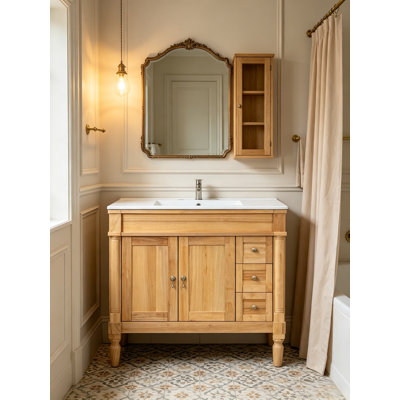 Meuble-lavabo autoportant, structure en bois massif et lavabo en céramique