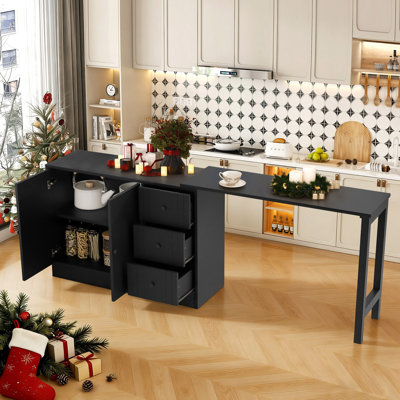 Wooden 89.7''l Bar Cabinet With Extendable Table And Adjustable Shelves, Multi-purpose Home Bar & Liquor Bar For Kitchen And Living Room