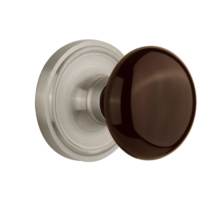 Classic Rosette with Brown Porcelain Door Knob, Satin Nickel