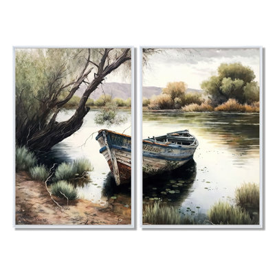 Fishing Boat In The River - Green Canvas Prints 2 Pieces
