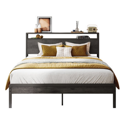 Cadre de lit double avec tête de lit, finition en bois foncé, supports en métal robustes, robuste, silencieux, aucun sommier tapissier requis