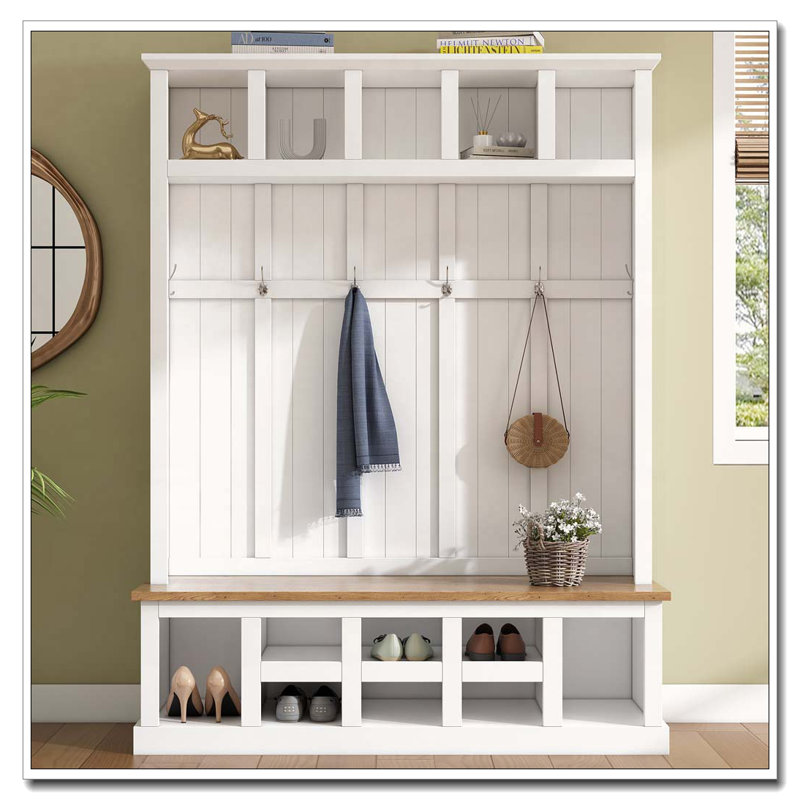 78''H Modern Hall Tree with Wide Storage Seating Bench, Entryway Shoe Cabinet with 13 Compartments, White