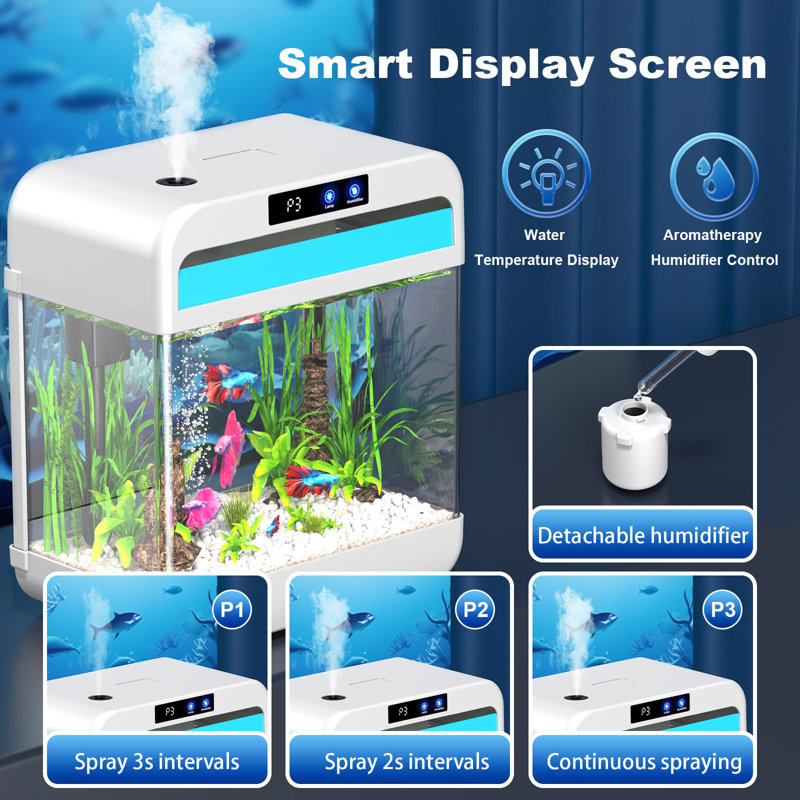 2.2 Gallon White Glass Fish Tank with 7-Color Light and Humidifier