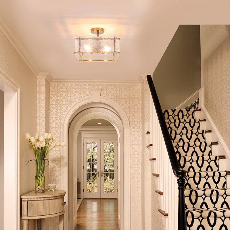 4 Light Glass Geometric Semi Flush Mount, Brushed Gold