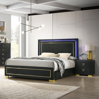 Sleek 3-Piece Bedroom Set With LED Headboard And Gold Accents