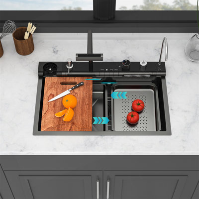 30-Inch Multifunctional Stainless Steel Kitchen Sink With Smart LED Faucet And Ledge Workstation Design