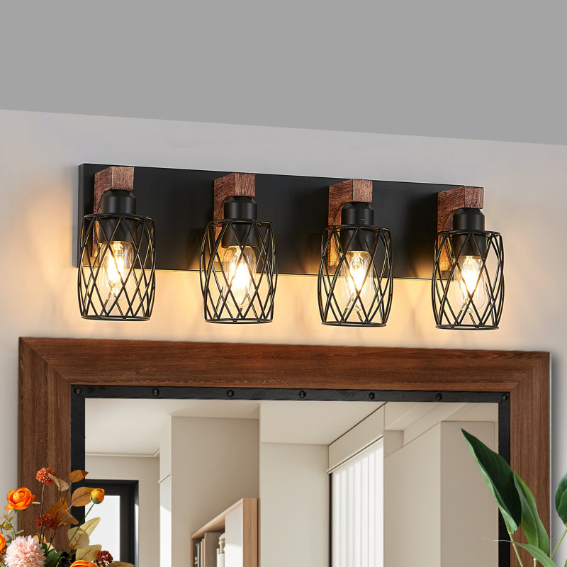 Éclairage pour meuble-lavabo industriel 4 lumières en bois et métal noir avec abat-jour en maille, Quatre lumières