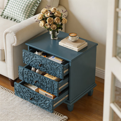 Table de chevet sculptée en bois sculpté avec 3 tiroirs, commode décorative en relief Scrollwork, table de bout d'armoire de rangement pour le salon de la chambre à coucher, bleu