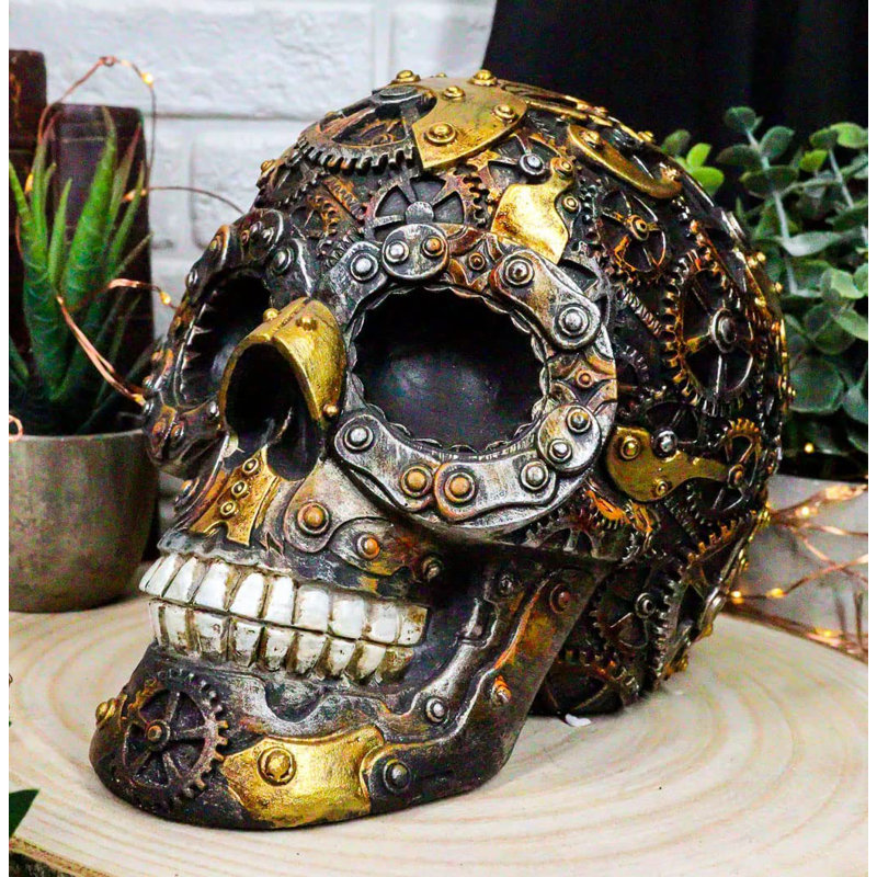 The Holiday Aisle® Steampunk TimeSystem Time Machineed Nuts Gears Bolts Gearwork Robotique Cyber Android Figurine de crâne hybride humain Terminator Sci Fi Mécanisme de crâne Crâne Design squelette