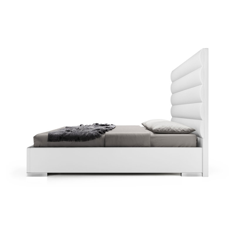 Prince Upholstered Platform Bed, White  Eco Leather, Queen