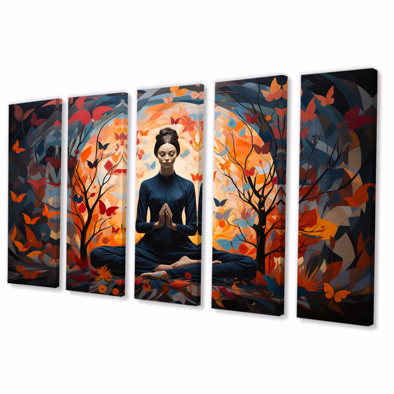 Bleu et orange Yoga Bliss III - art mural 5 pièces pour salon, H 28 po x l 60 po