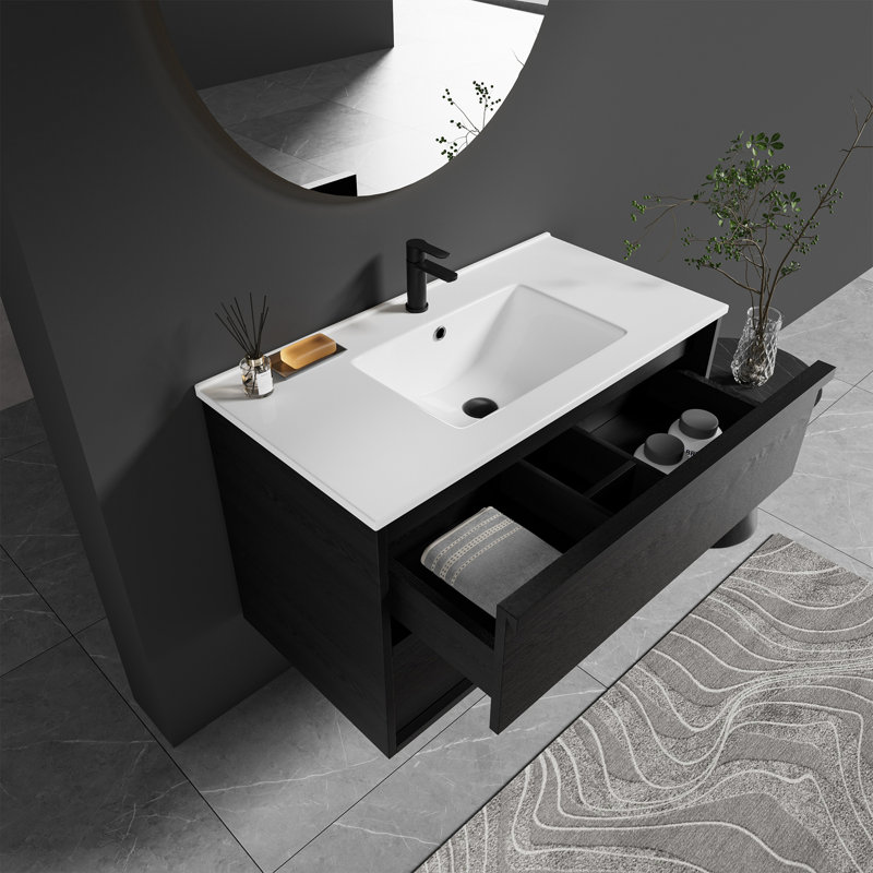 Mid-Century Modern Wall-Mounted Vanity With Soft-Close Drawers & Ceramic Sink, 30"