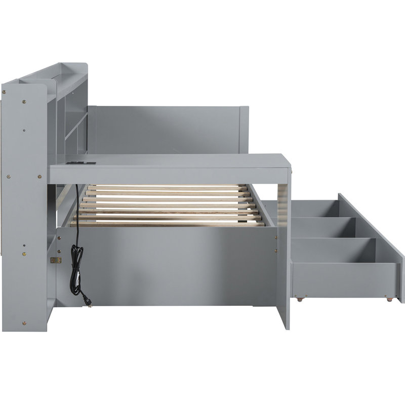 Lit de jour simple gris avec pin, 3 tiroirs et bureau avec rangement et espace de travail - Fabrication en pin pour plus d'efficacité