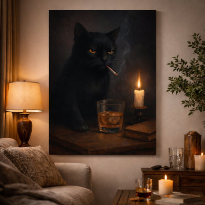 Dark Academia Cat Wall Art - 24" x 36" Large Framed Canvas Print - Eclectic Boho Animal Portrait - Classical Realism Decorative Poster with 1-Inch Deep Gallery Wood Frame