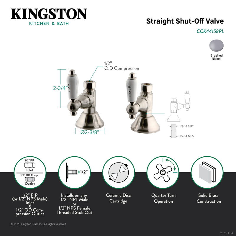 Kingston Brass Trimscape 1/2-Inch FIP x 1/2-Inch OD Comp Quarter-Turn Straight Stop Valve, Brushed Nickel