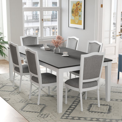 Rustic 7-Piece 78.1Inch Extendable Dining Table Set With 18Inch Removable Leaf, 6 Upholstered Dining Chairs, 2 Built-In Drawers by Lark Manor