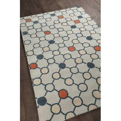 Cloral Authentic Hand-Tufted Handmade Light Blue, Teal, Orange, Cream Geometric Circles Wool Area Rug