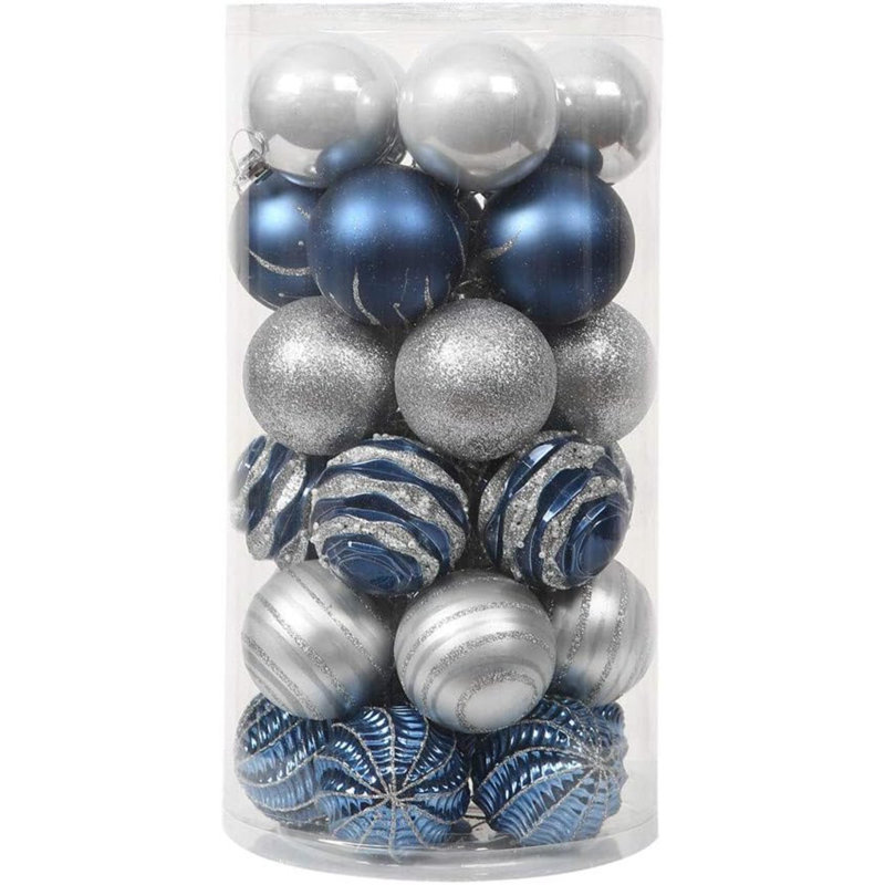 Ensemble de boules de Noël décoratives en plastique incassable 30 carats, 60 mm / 2,36 po, Bleu; argent