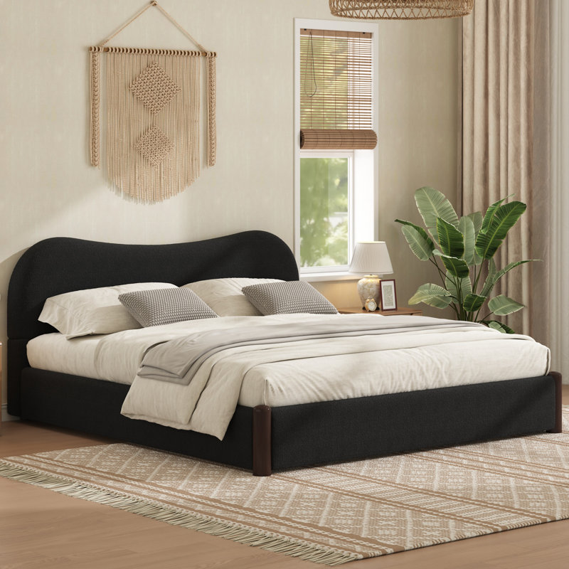 Grand lit plateforme tapissier avec pieds en bois robustes, noir, Noir, Grand lit