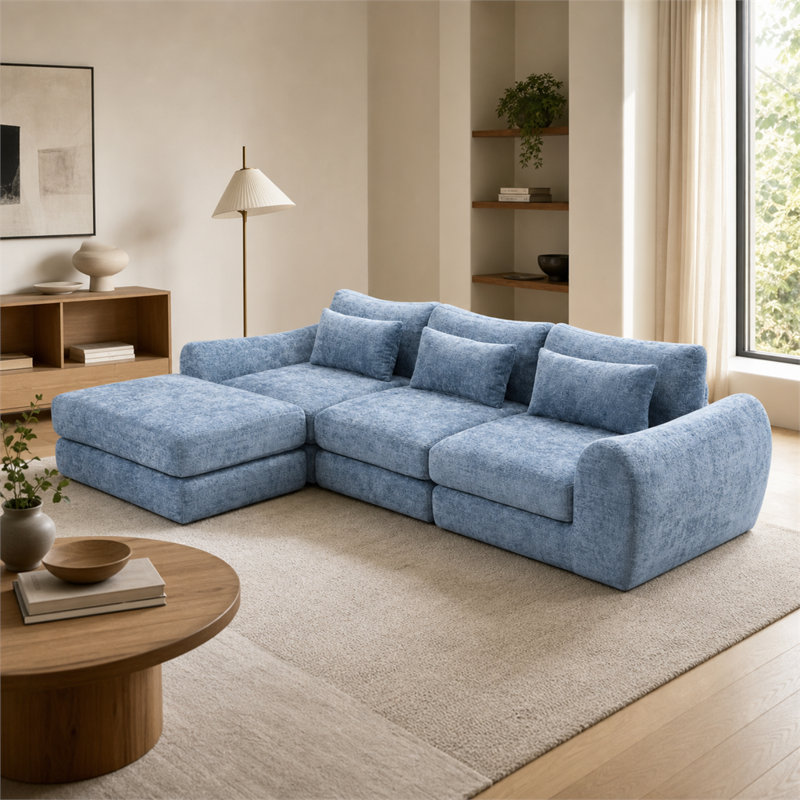 Canapé modulaire en chenille Wave Star - une conception polyvalente et configurable qui convient aux espaces de vie et de sommeil, avec des sections modulaires et un repose-pieds inclus.