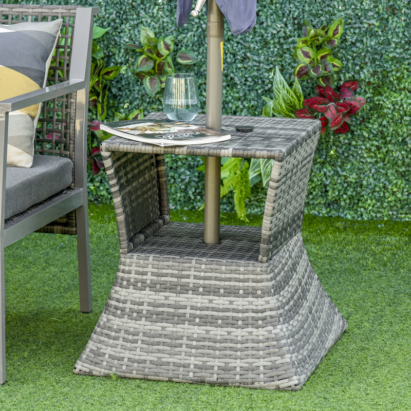 Side Table For Outdoor - Umbrella Hole & 2 Tier Storage Shelf Patio, Garden, Backyard Metal, , Grey Patio With , Mixed