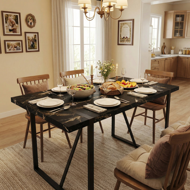 Vesta Modern 55" Rectangular Dining Table, Black Faux Marble Tabletop with Sturdy Metal Sled Base for Kitchen & Dining Room