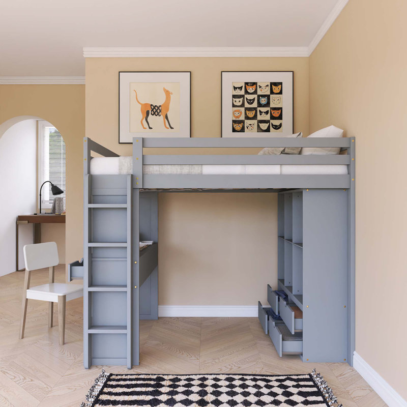 Lit mezzanine double gris avec grandes tablettes, bureau et lumière DEL, Gris, Double