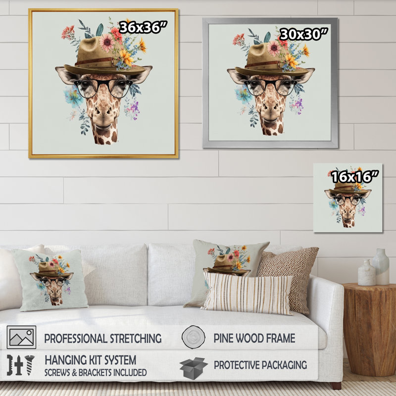 Portrait de girafe avec des lunettes et un chapeau I, H 16 po x l 16 po x P 1 po, Toile tendue