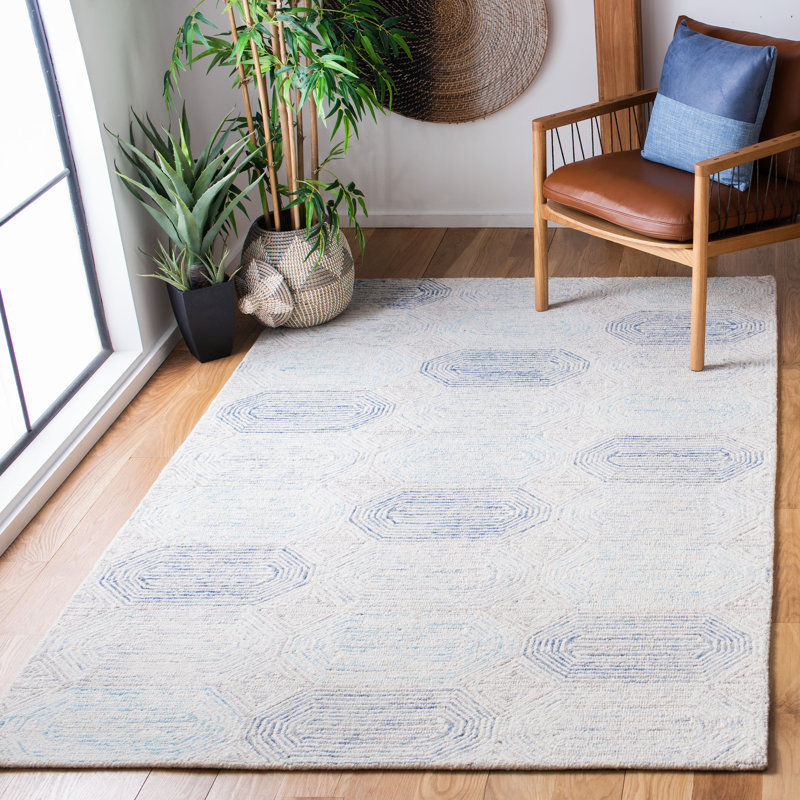 Tapis en laine / coton touffeté à la main Kohut en ivoire / bleu, Rectangle 4 pi x 6 pi