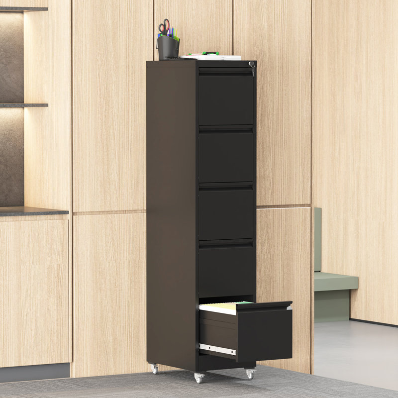 5 Drawer Vertical File Cabinet On Wheels For Home Office, High - Security Locking, Smooth Operation, Material In Black With Wheels, Ample Space A4/letter/legal Documents, Tilt Feature, Waterproof