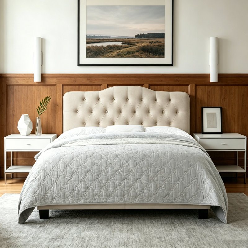 Tête de lit à hauteur réglable de 34 à 43 po, revêtement en lin capitonné avec structure en bois massif - conception moderne à boutons pour toute chambre à coucher