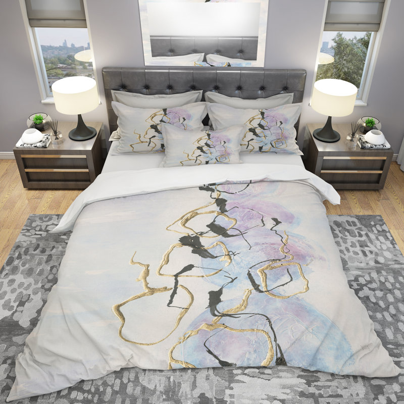 Lignes dorées sur pastel I - ensemble de housse de couette Modern Glam - microfibre de polyester