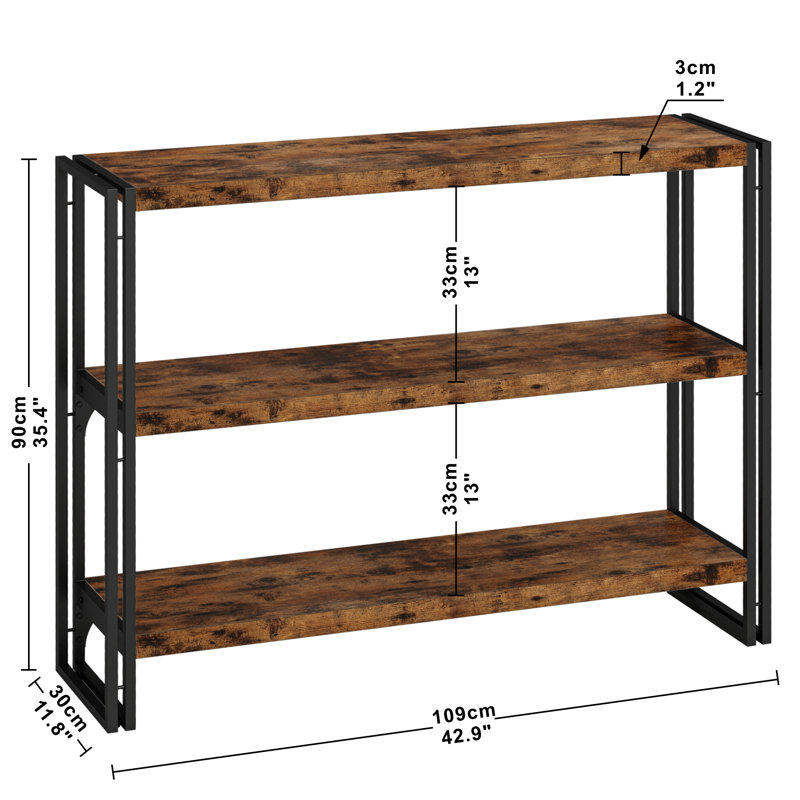 Industrial Bookcase for Living Room, (3 Shelves) 35.4” H x 43” W x 11.8”D, Brown