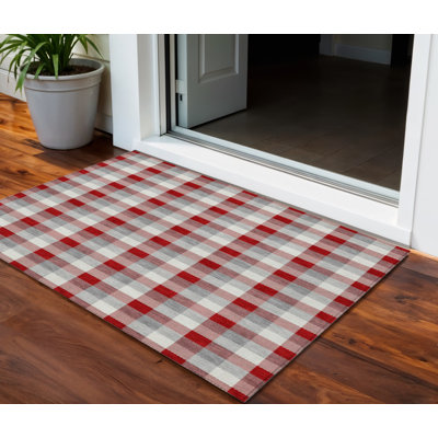 3' X 5' Beige Plaid Washable Indoor Outdoor Area Rug