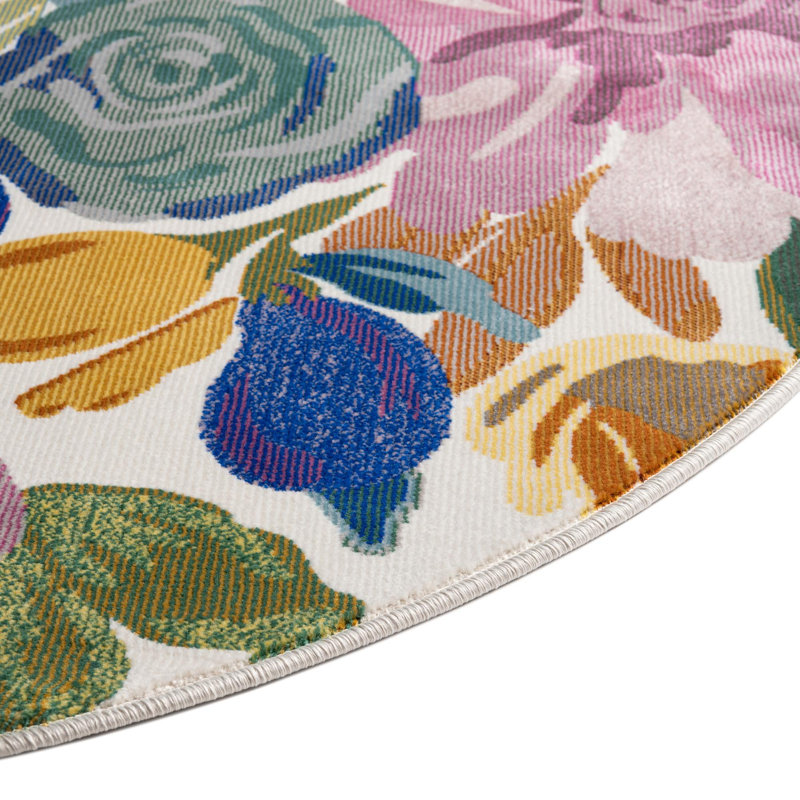 Tapis à motif floral vert / mauve / bleu / ivoire / gris / orange Aludra, Rond 3 pi 3 po