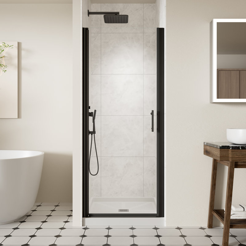 28-29.4" W x 72" H Frameless Shower Door, Pivot Shower Glass Doors with 1/4" (6mm) Clear SGCC Tempered Glass, Matte Black Swing Shower door out of Plumb Adjustability