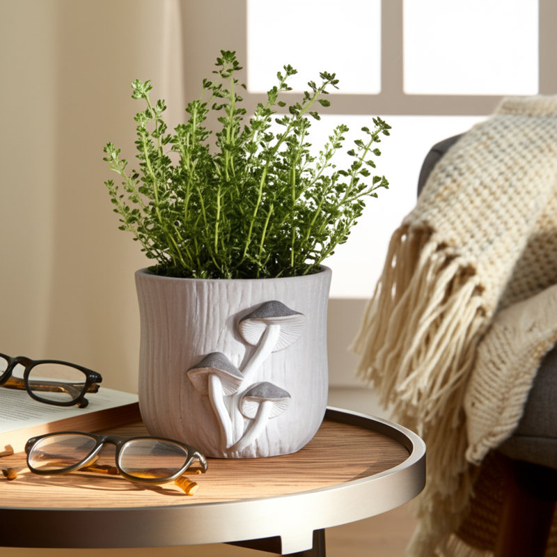 Handcrafted Cement Planter with Textured Tree Trunk Design and Mushroom Accents - Decorative Pot for Indoor and Outdoor Spaces.