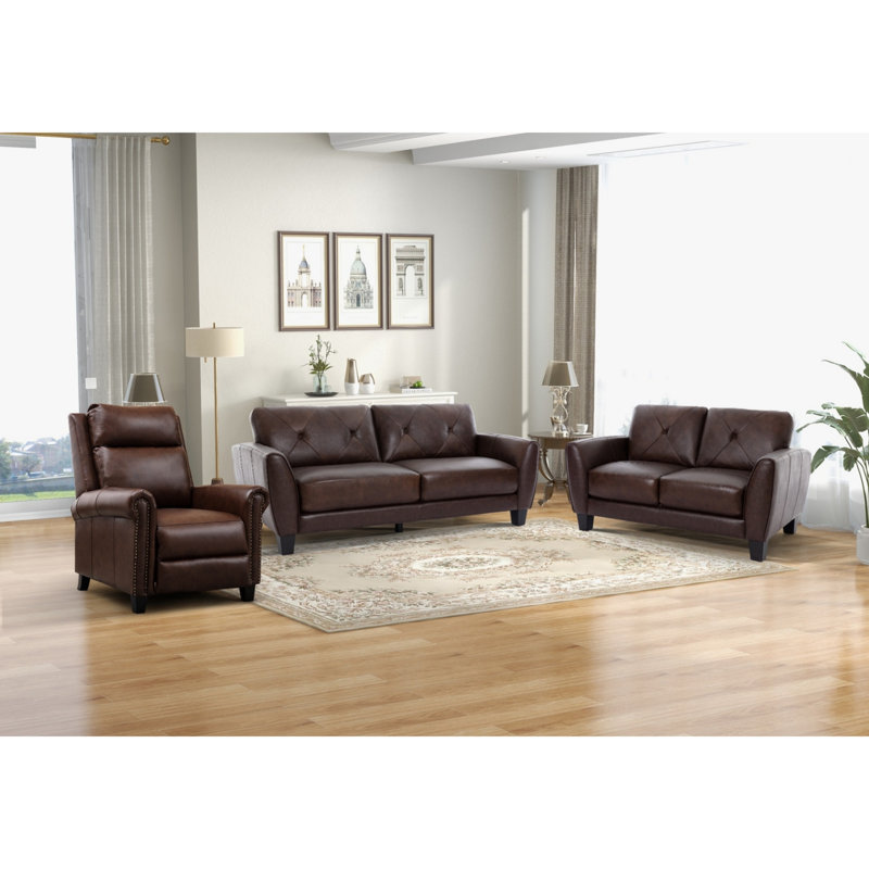 Ensemble de salon 3 pièces en cuir véritable avec plateau classique et luxueux, Brun