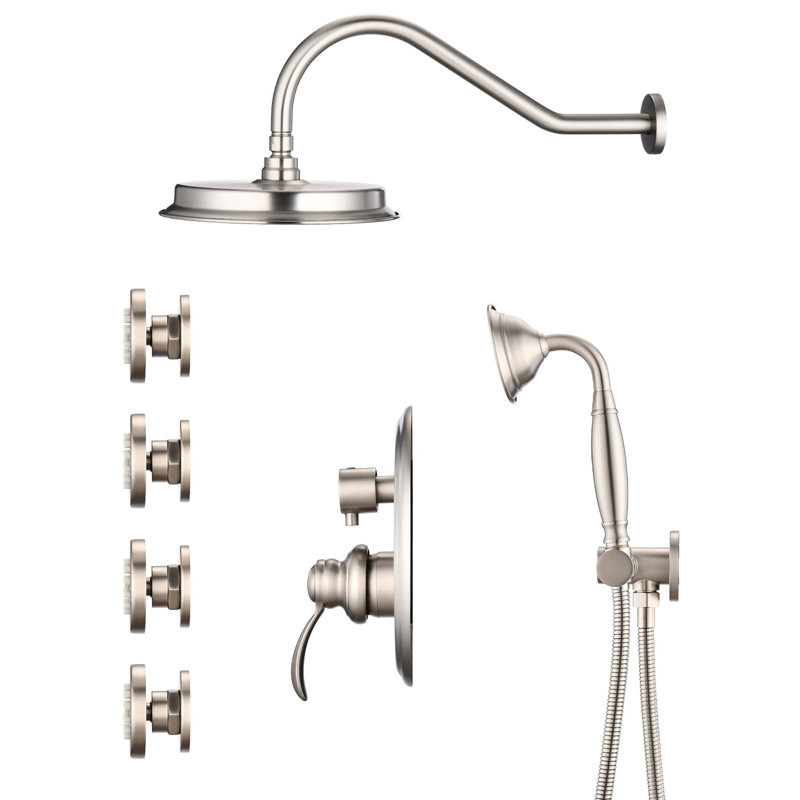 Shower Faucet In Brushed Nickel With Adjustable And Diverter Valve System Body Jet, Hand Water
