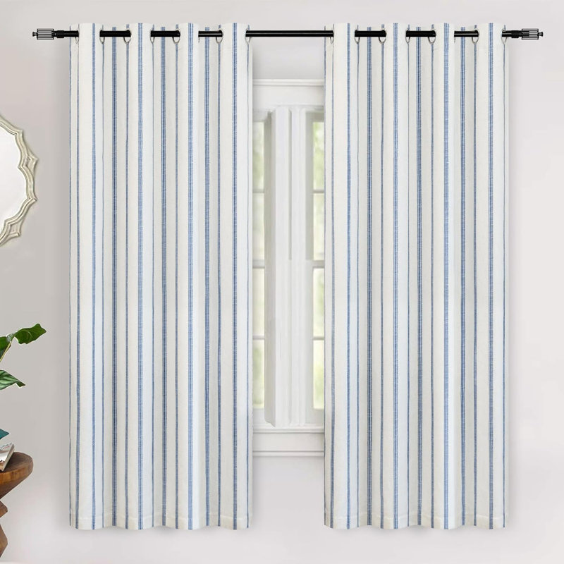 Paire de rideaux occultant, L 52 po x L 63 po, Rayures bleu marine / languette en lin clair