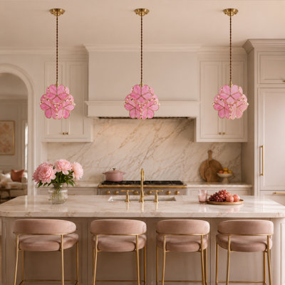 Pink Glass Flower Pendant Light With Brass Ceiling Plate, Includes Bulb