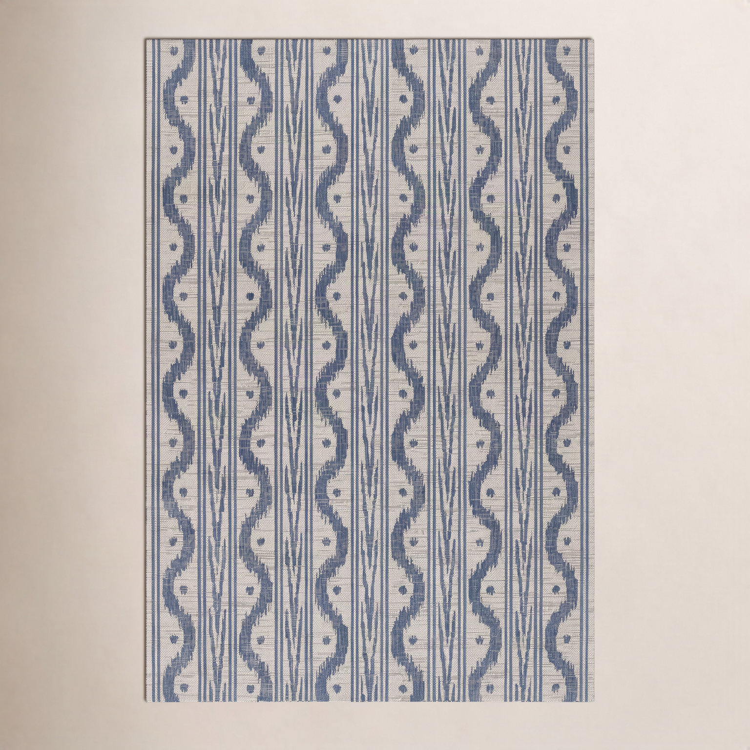 Karini Blue White Ikat Outdoor Rug, Rectangle 5'3" x 7'